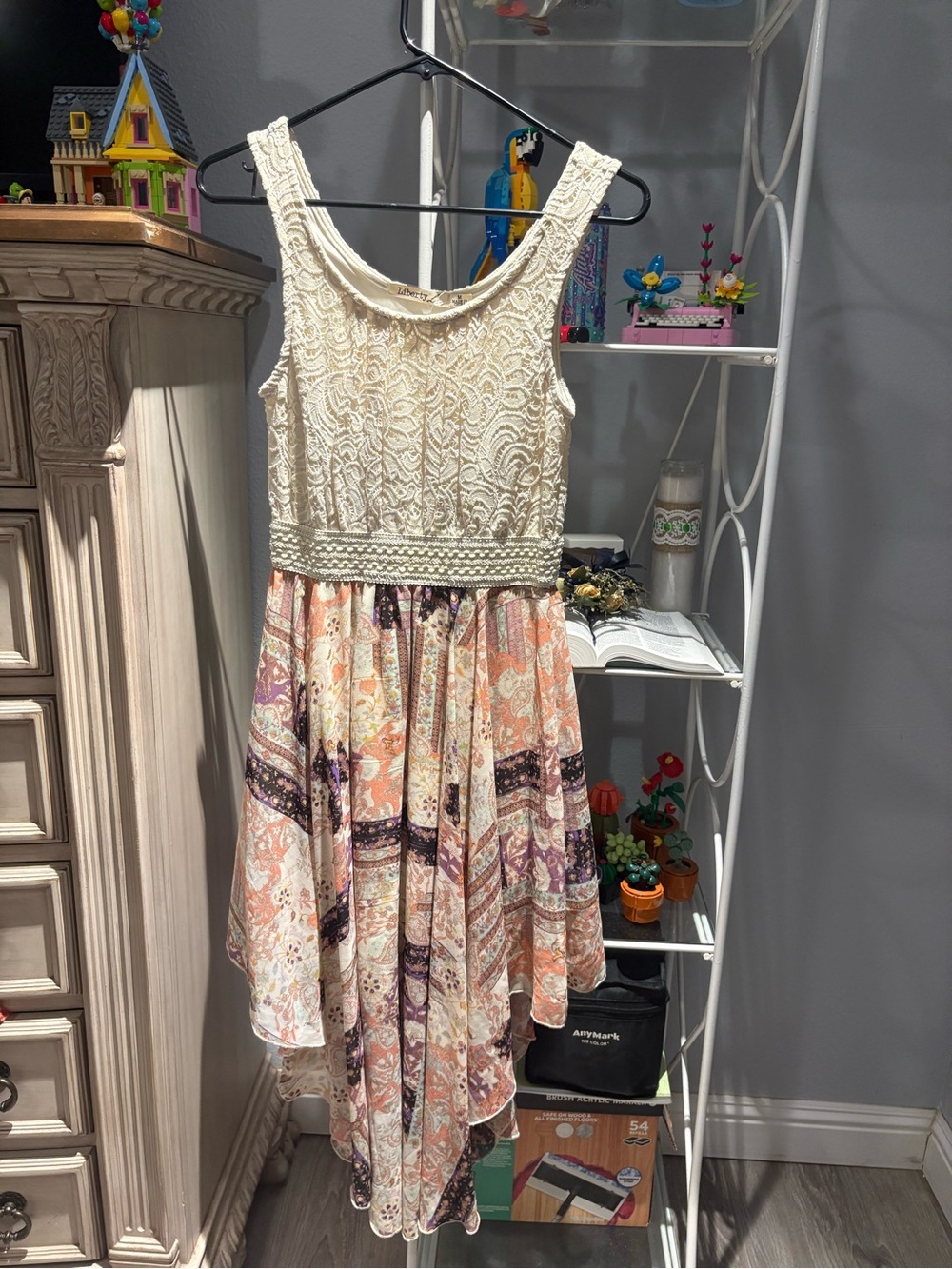 Bohemian Lace Bodice High-Low Dress in Cream and Peach